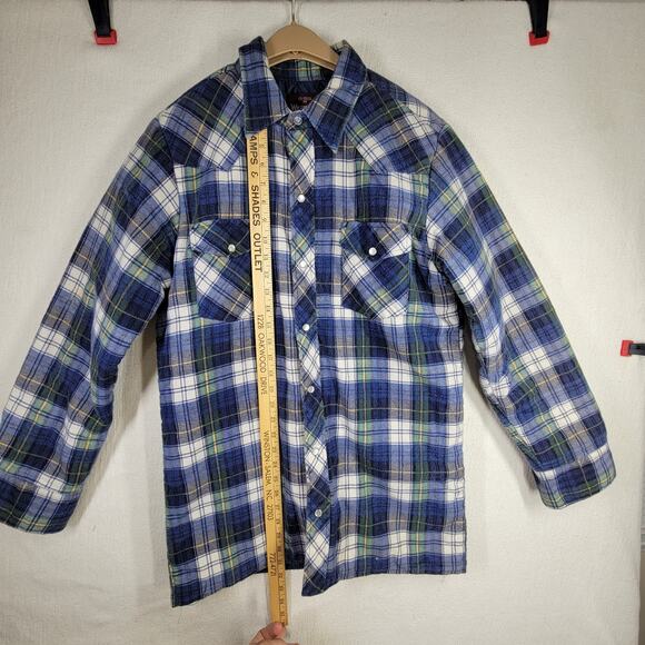 Vintage Wrangler Shacket Mens Medium Green Blue Plaid Flannel Pockets Insulated - Picture 7 of 16